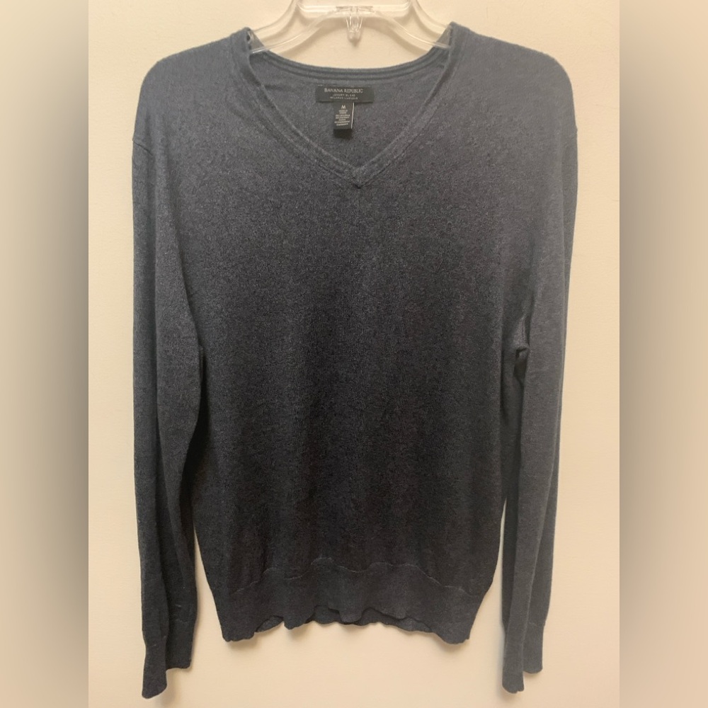 BANANA REPUBLIC Men's Silk/Cashmere/Cotton Charcoal Gray V-Neck Sweater